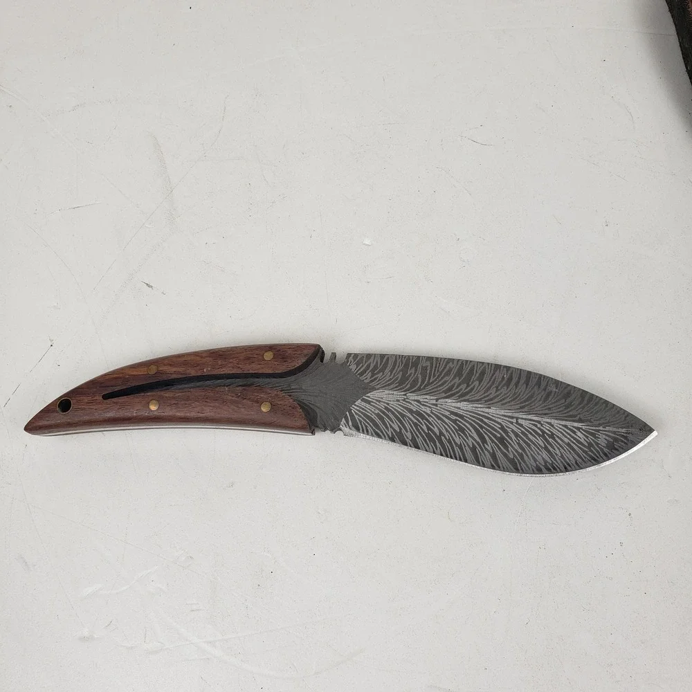 Custom Damascus Steel Feather Blade Hunting Knife Wood Handle Leather Sheath 8in